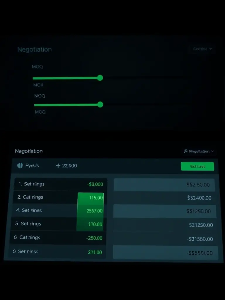 A screenshot of the FurnitureFactoryHub.com negotiation tool interface, showing real-time MOQ adjustments and price comparisons between different factories.