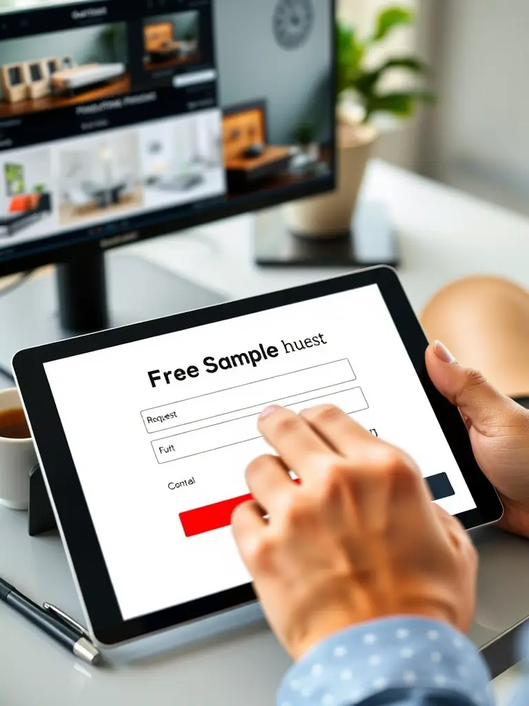 A close-up shot of a 'Free Sample Request' form being filled out, emphasizing the ease of requesting samples from verified furniture factories on FurnitureFactoryHub.com.