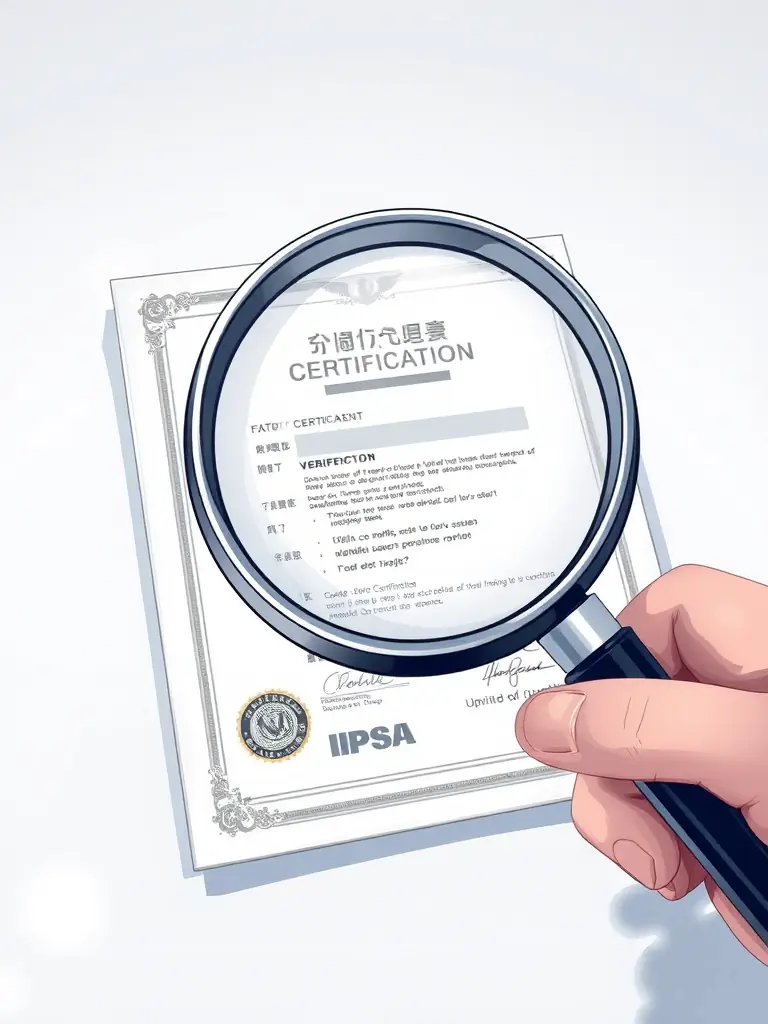 A magnifying glass inspecting a factory certification document, with a subtle watermark of the Furniture Factory Hub logo in the background. This represents the verification process.