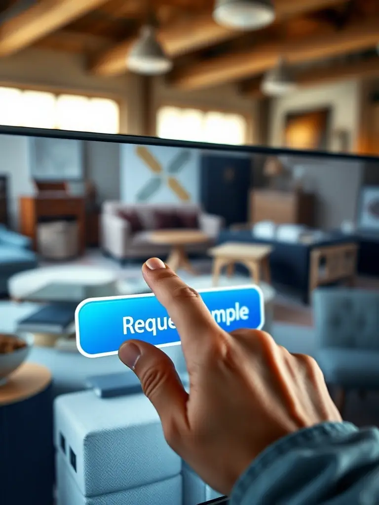 A close-up shot of a hand clicking a 'Request Sample' button on the FurnitureFactoryHub.com platform interface, with a blurred background showing various furniture samples.