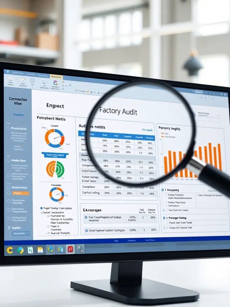 An image depicting a factory audit report on the FurnitureFactoryHub.com platform, highlighting key metrics and compliance checks, with a magnifying glass hovering over it.