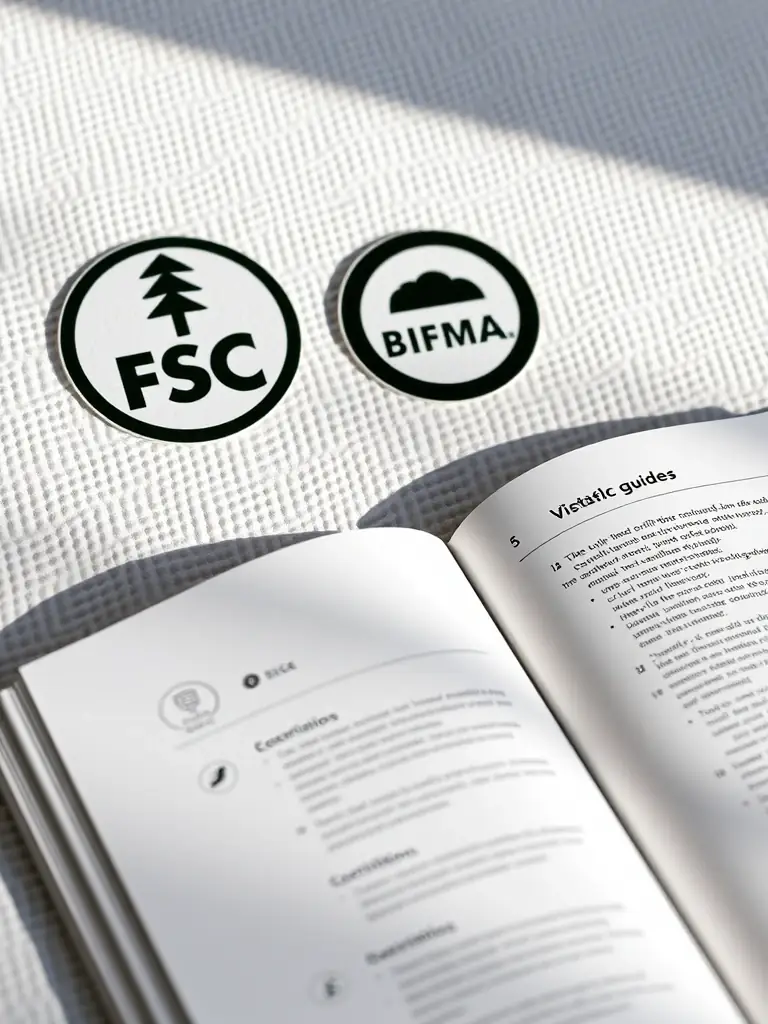 A visual representation of FSC and BIFMA certification logos, alongside a guide explaining the importance of these certifications in furniture manufacturing.