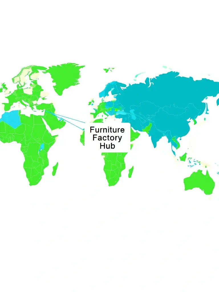 A world map highlighting key furniture manufacturing regions, connected by lines to a central hub representing Furniture Factory Hub. This illustrates global reach.