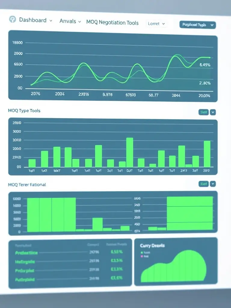 A dashboard interface showing real-time MOQ negotiation tools, with charts indicating cost savings. This represents the negotiation tools.