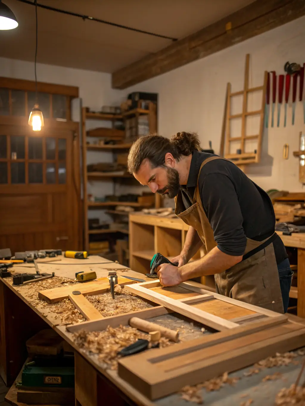 A brightly lit furniture factory specializing in wooden furniture, showcasing various stages of production from raw materials to finished products, emphasizing craftsmanship and quality.