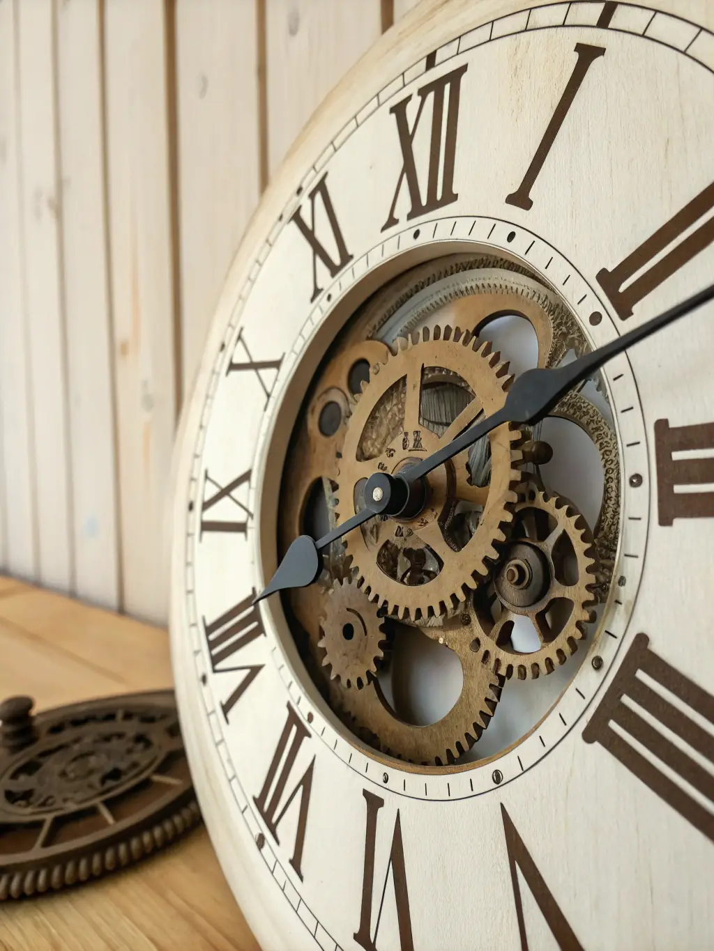 A clock with gears inside, symbolizing time efficiency, set against a backdrop of a bustling furniture factory. This image represents the time-saving benefits of using Furniture Factory Hub.