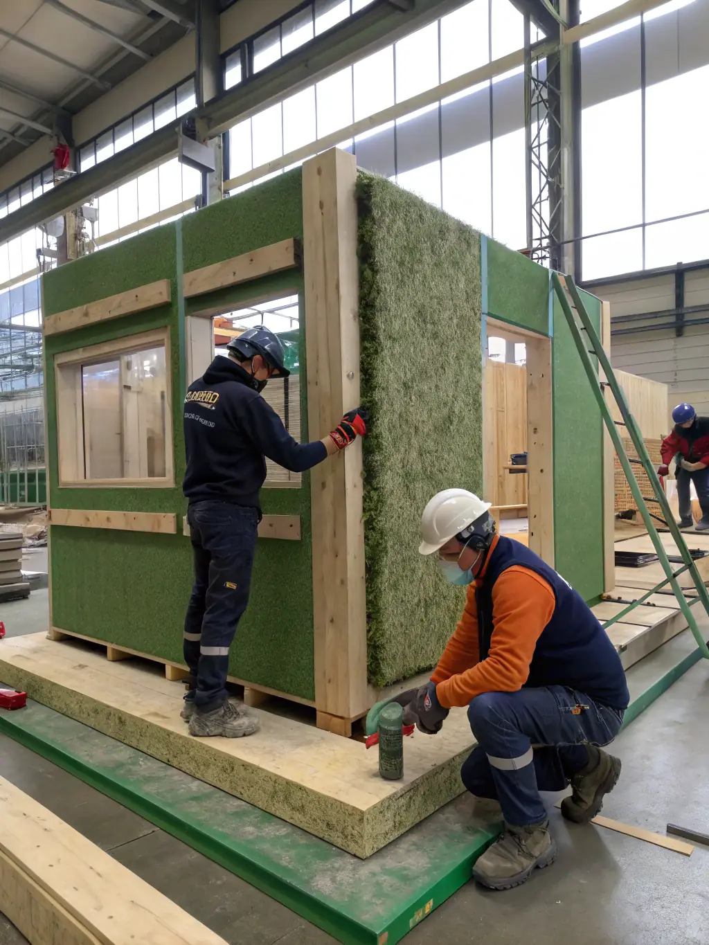 A modern furniture factory utilizing recycled plastics, with a focus on sustainable manufacturing processes and eco-friendly furniture production.